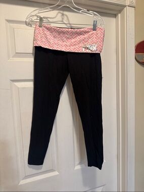 Y2K pink Black Fold-Over Leggings with Pink Chevron Waistband